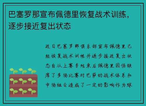 巴塞罗那宣布佩德里恢复战术训练,逐步接近复出状态 巴塞罗那宣布佩德里恢复战术训练,逐步接近复出状态
