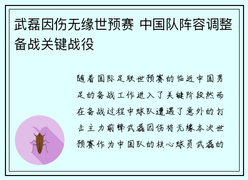 武磊因伤无缘世预赛 中国队阵容调整备战关键战役 武磊因伤无缘世预赛 中国队阵容调整备战关键战役